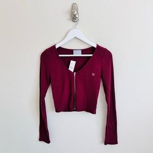 NWT Pacsun Nollie Burgundy Ribbed Long Sleeve Crop Zip Up
